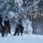 Hästar och ryttare i snöigt vinterlandskap